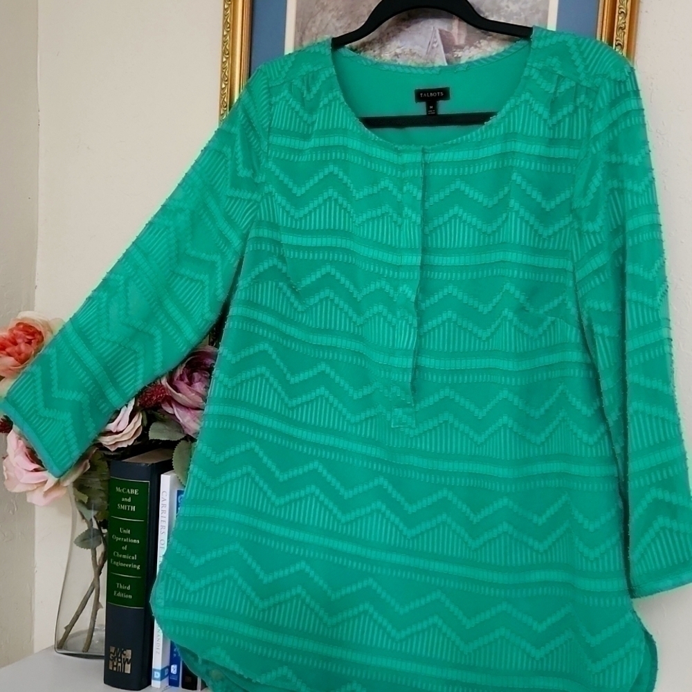Green Knit Talbots Blouse Sheer sleeve Abstract Pattern Medium career party